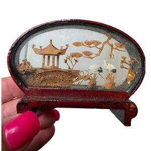 Vintage Chinese Cork Carving Diorama Pagoda Cranes Red Lacquer Glass Case 4 inA6
